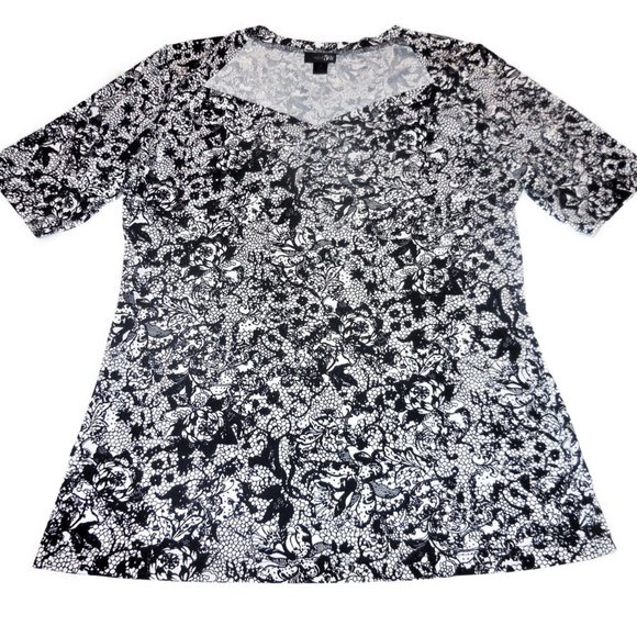 Top Black-White short sleeve Stretchy Jersey Knit spring summer blouse shirt - Picture 1 of 8